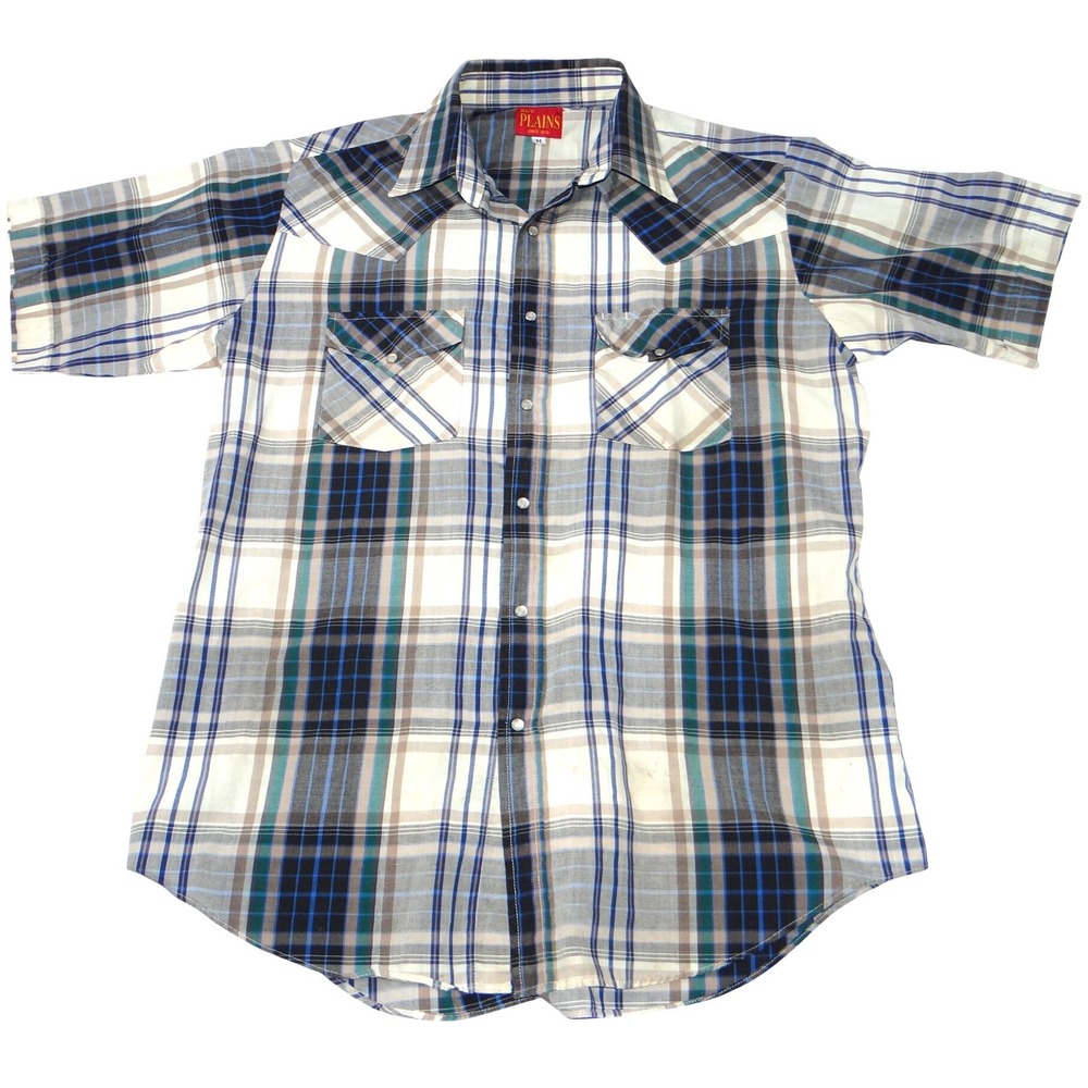 ELY PLAINS Mens Plaid Western Shirt Short Sleeve Pearl Snap Size M